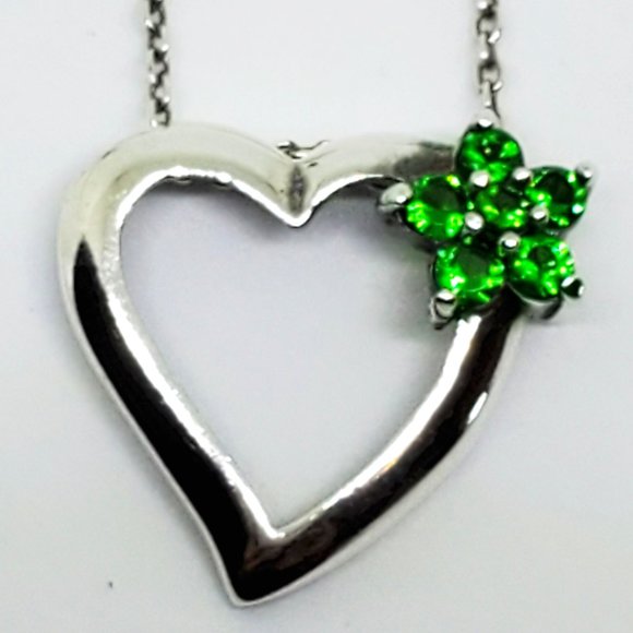 Vintage Sterling Silver Sliding Heart Necklace with Emerald Green Flower - Picture 4 of 6